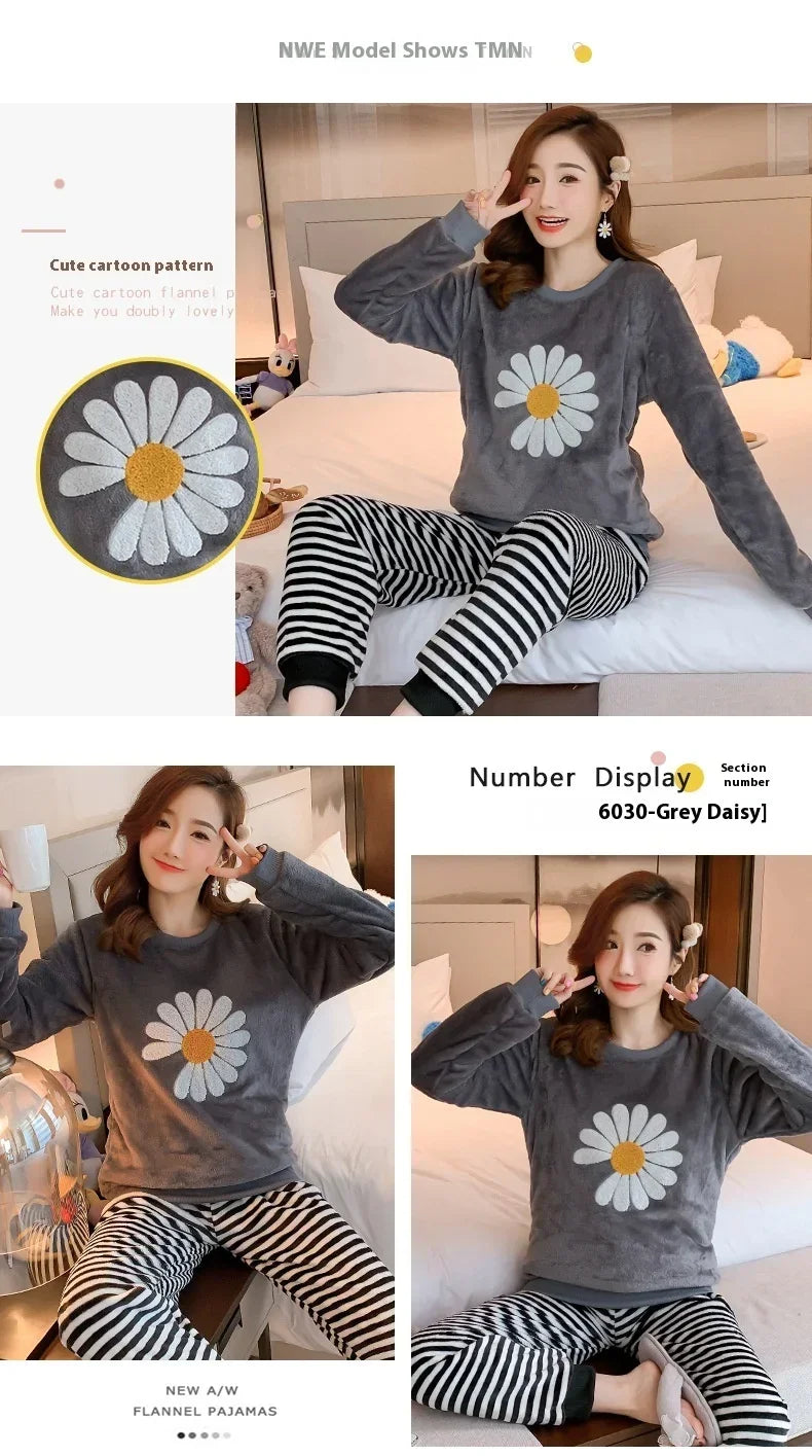 Thickened Warm Sleepwear for Winter Flannel O-Neck Girl Loungewear 2PCS Set Ladies Pajamas Long Sleeves Cartoon Bear Loungewear.