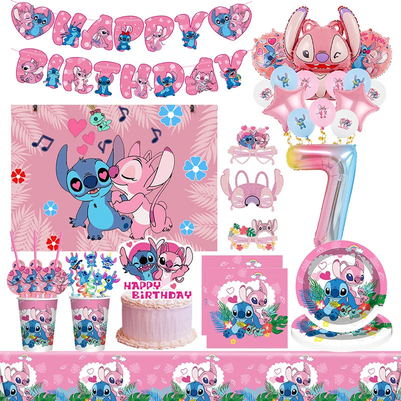 Disney Lilo Stitch Geburtstag Party Dekoration Kinder Stitch Thema Geschirr Set Engel Luftballons Happy Banner Zubehör für Mädchen zugunsten.