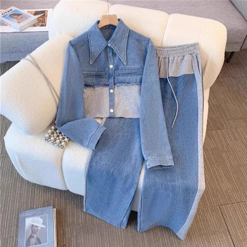 Two Piece Sets Women Pant Set Denim Splice Matching Sets Spring Top Wide Leg Long Pants Casual Loose Lace Up High Waist Jogger.