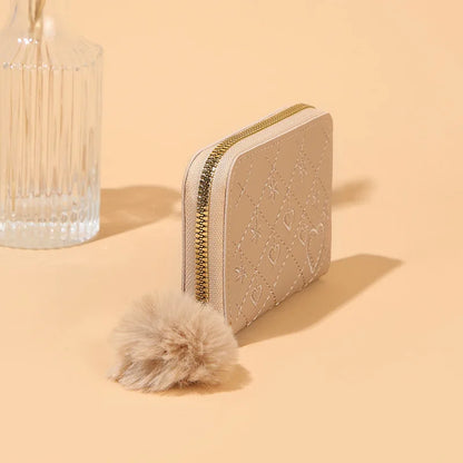 Women Fashion Zipper Wallet with Hairballs Simple Versatile Short Coin Purse Multi-Functional Multi-Card Slot Card Bag.