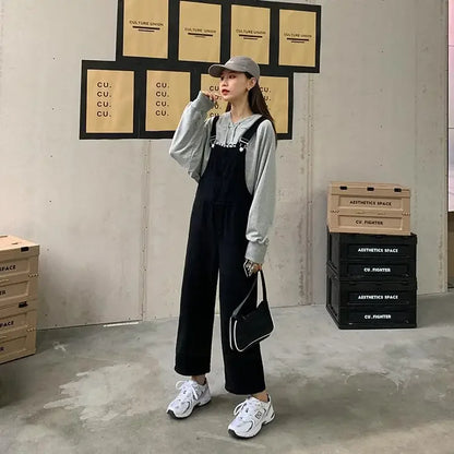 Jumpsuits Women Solid Retro Japanese Style Streetwear Denim Suspenders Trousers Harajuku Stylish Hip Hop Straight Overalls Teens