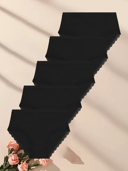 FINETOO 5Pcs Women Cotton Lace Underwear Sexy Seamless Breathable Panties Plus Size Mid-Waist Briefs Female Solid Soft Lingerie