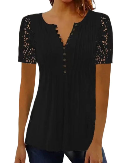 Summer Spring New Women's Loose and Comfortable Casual Lace V Neck Printed Blouse Floral Short Sleeve Elegant Fashion Shirt.