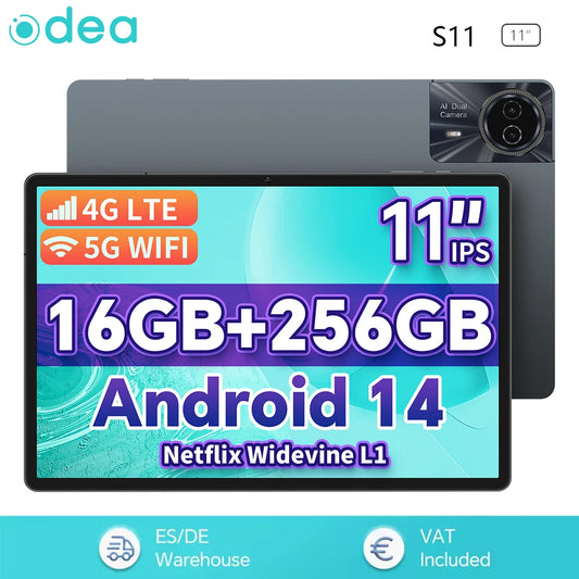 ODEA S11 Android 14 Tablet with 11" IPS 1920x1200 T606 8 Core CPU Max 16GB RAM 256GB ROM 4G LTE type C 8000mAh Widevine L1.