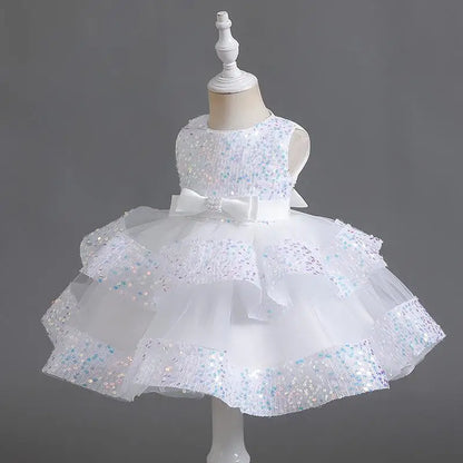 Sommer Neue Perlen Fliege Pailletten Mesh Kinder Ärmelloses Abendkleid Schule Abschlussfeier Multi Layered Kleid