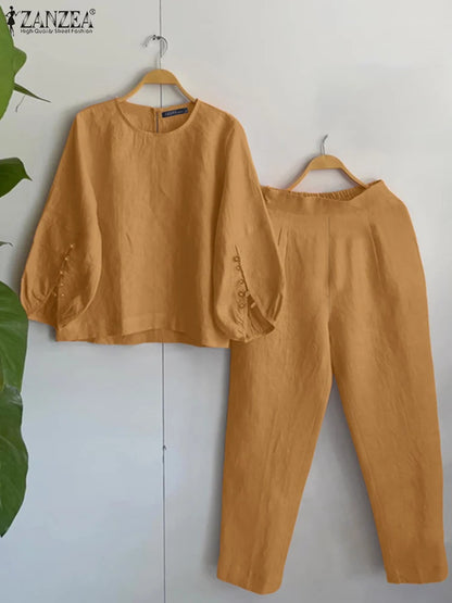 Fashion Women Two Piece Outfit ZANZEA Long Sleeve Top 2025 Autumn Casual High Waist Long Pants Sets Solid 2PCS Suits Tracksuit.