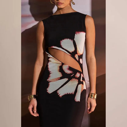 Sommer Sexy Maxi Kleid Für Frauen Streetwear Fashion Print Aushöhlen Ärmellose Neue Dünnes Kleid Casual Club Elegante Party Kleider.