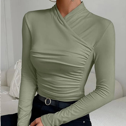 Sexy Elegant Fall Winter Long Sleeve Cross Pleated Pullover Women's Modal Solid Color Irregular Tops Street Daily Versatile Tees
