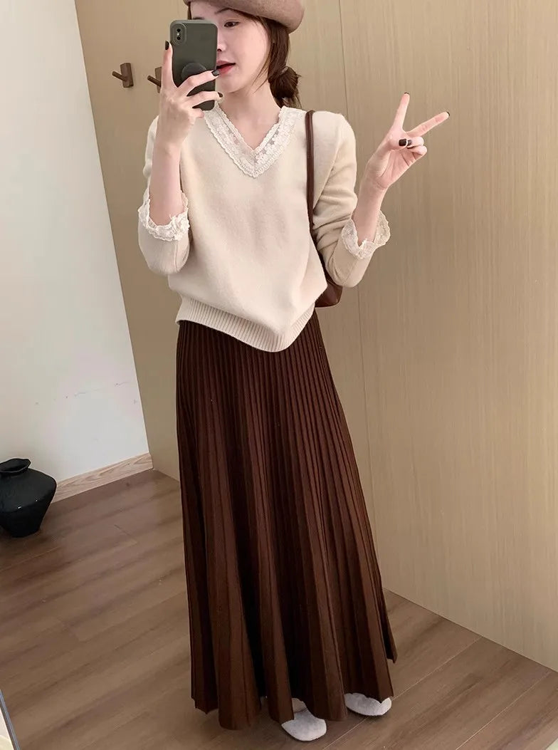 2026 Khaki Cashmere Knitted Midi Skirt for Women, Loose Fit, Draped, Slimming A-Line Pleated Skirt for Autumn and Winter