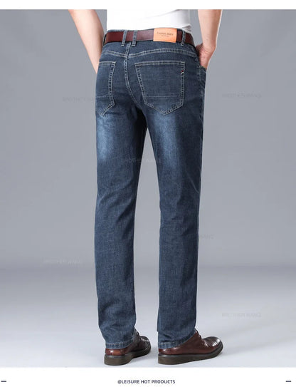 Brand Men's Fashion Summer Thin Jeans Comfortable Stretch Cotton Business Straight Casual Denim Pants Light Gray Blue Pants.