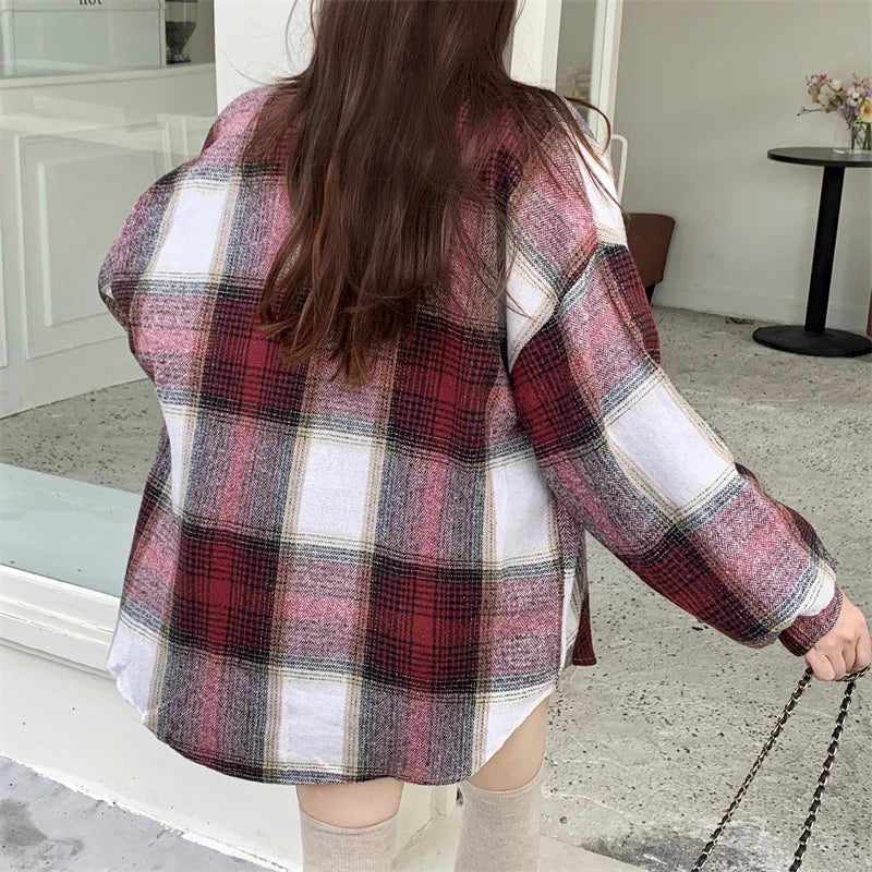 Zjaiss Women Thick Woolen Plaid Blouse Loose Long Sleeved Tops 2025 Autumn Winter New Casual Shirt Long Shirts.