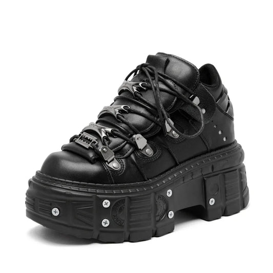 Punk Stil Frauen Schwarze Schuhe Rock Metall Dekor Lace-up Ferse Höhe Plattform Schuhe Gothic Mann Turnschuhe Frauen Stiefeletten 2025, Neue