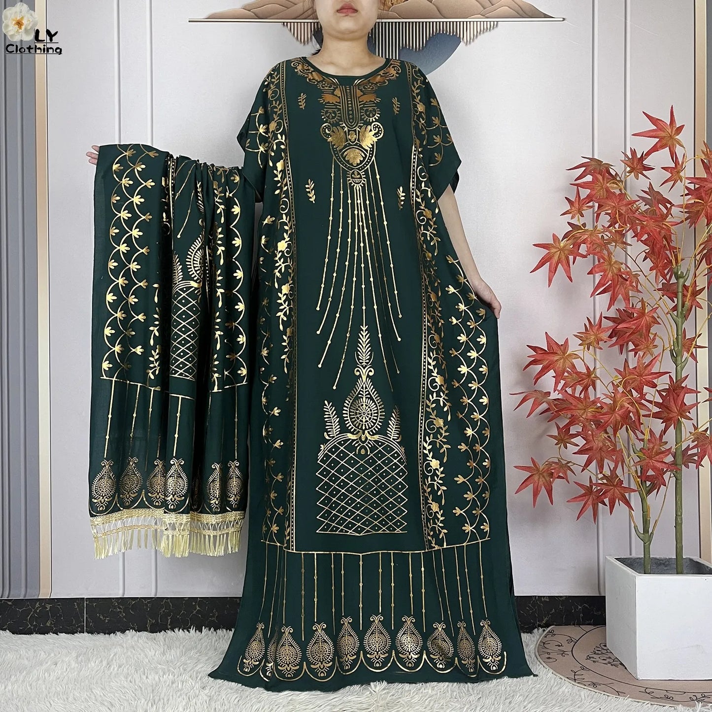 2023 New Muslim Summer Short Sleeve Robe Gold Stamping Boubou Maxi Women Femme Loose Dress With Big Scarf African Abaya Clothes