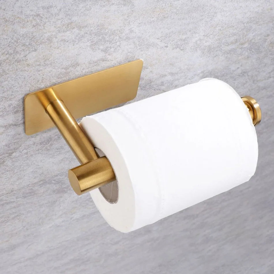 Papierhalter aus Edelstahl, weiß, selbstklebend, Wandhalterung, Ständer, Küche, Badezimmer, Toilettenpapier, Handtuch, Seidenrollenregal, gebürstetes Gold