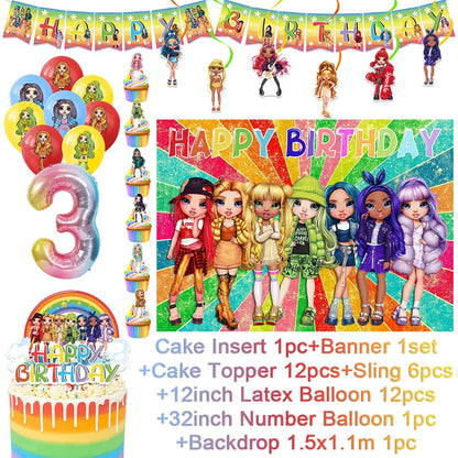 Cartoon Regenbogen Puppe High School Thema Hintergrund Geburtstag Party Dekoration Lieferungen Einweg Tasse Besteck Ballon Baby Geschenk.