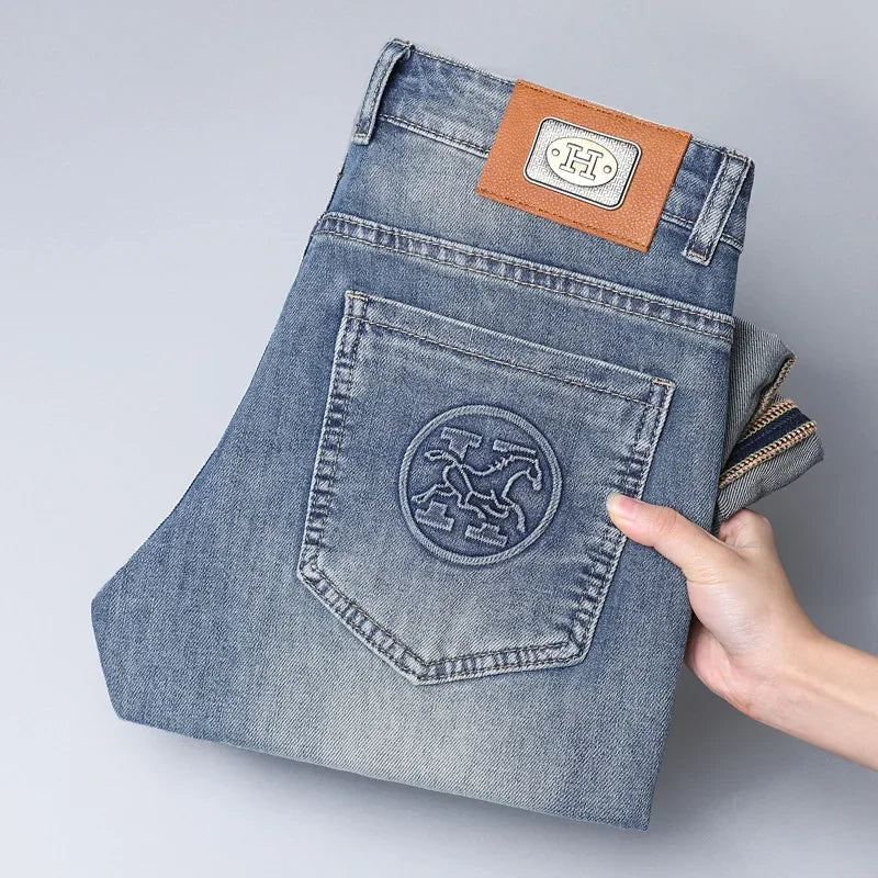 2024 Men's Fashionable Simple Stretch Slim Fit Denim Trousers European Style High Quality Casual Export Men Pants.