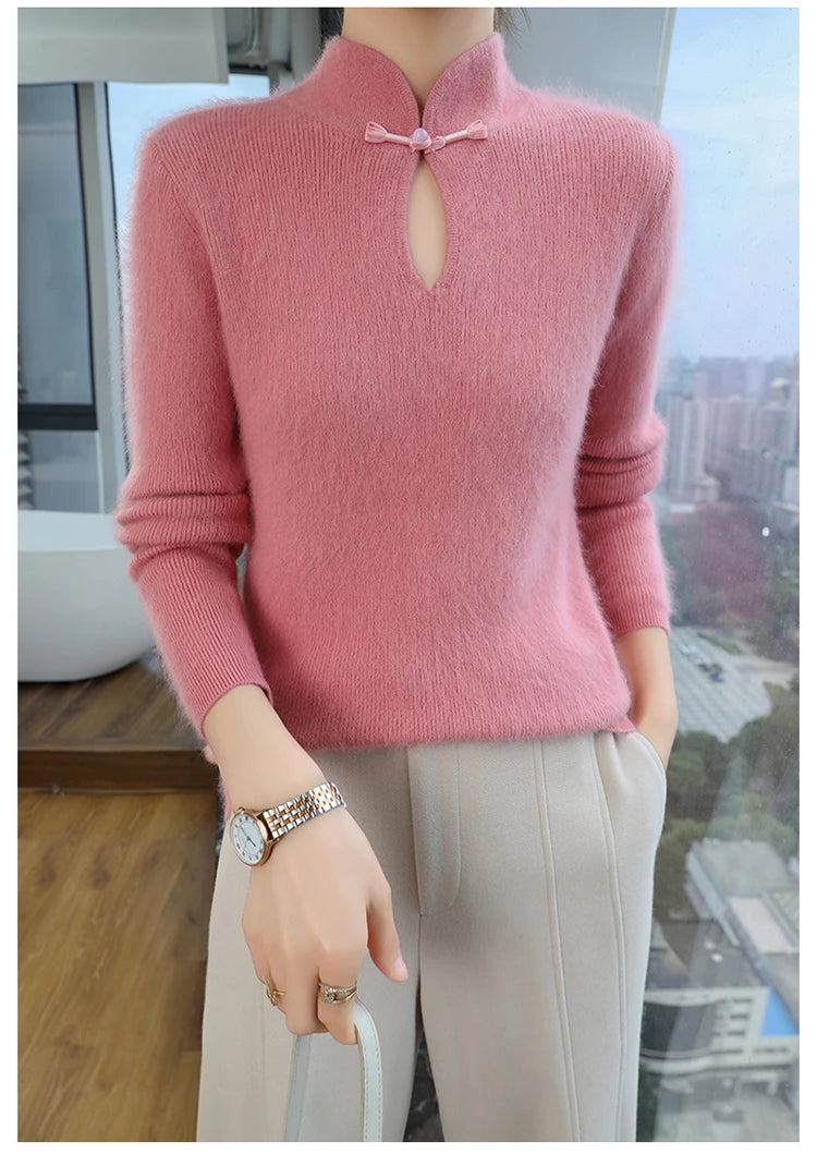 2024 autumn winter new 100% mink cashmere sweater women's pullover slim-fit long sleeve solid color stand collar bottom knitwear