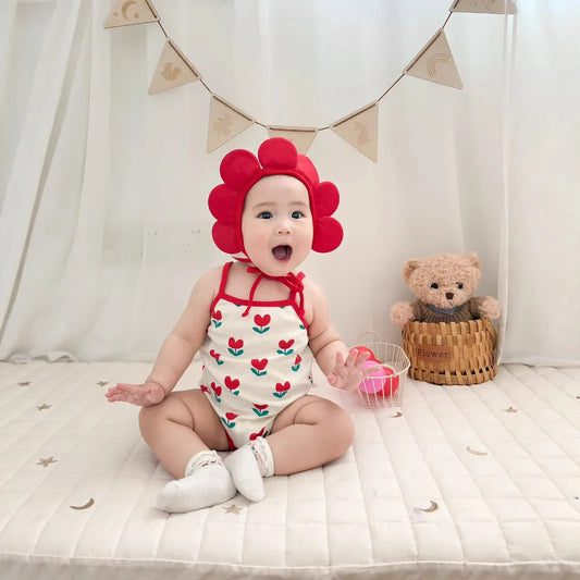 Baby Ein Stück Kleidung 2025, Sommer Koreanische Baby Body Ins Blume Voll Gedruckt Baby Sling Klettern Kleidung Mit Hut