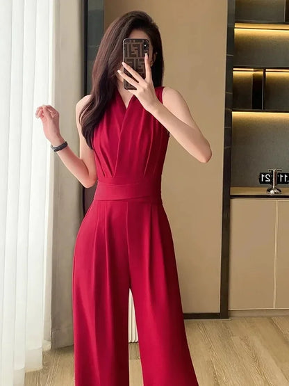 Women's Wide Leg Jumpsuit Pants 2025 Summer New Casual Straight Tube Sports Overalls V-neck Sleeveless Bodysuit For Women Romper