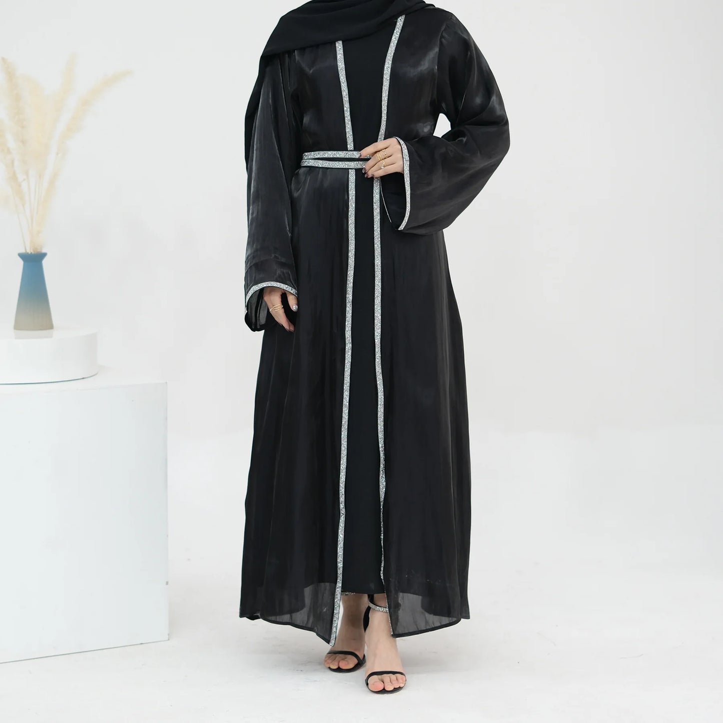 Muslim Abaya for Women Eid Dress 2 Piece Set Diamond Morocco Ramadan Lace-up Abayas Kaftan Islam Cardigan Dubai Arab Long Robe