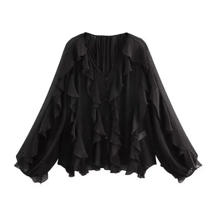 Women Fashion With Ruffles Semi-sheer Blouses V Neck Long Sleeve Button-up Female Shirts Chic Tops