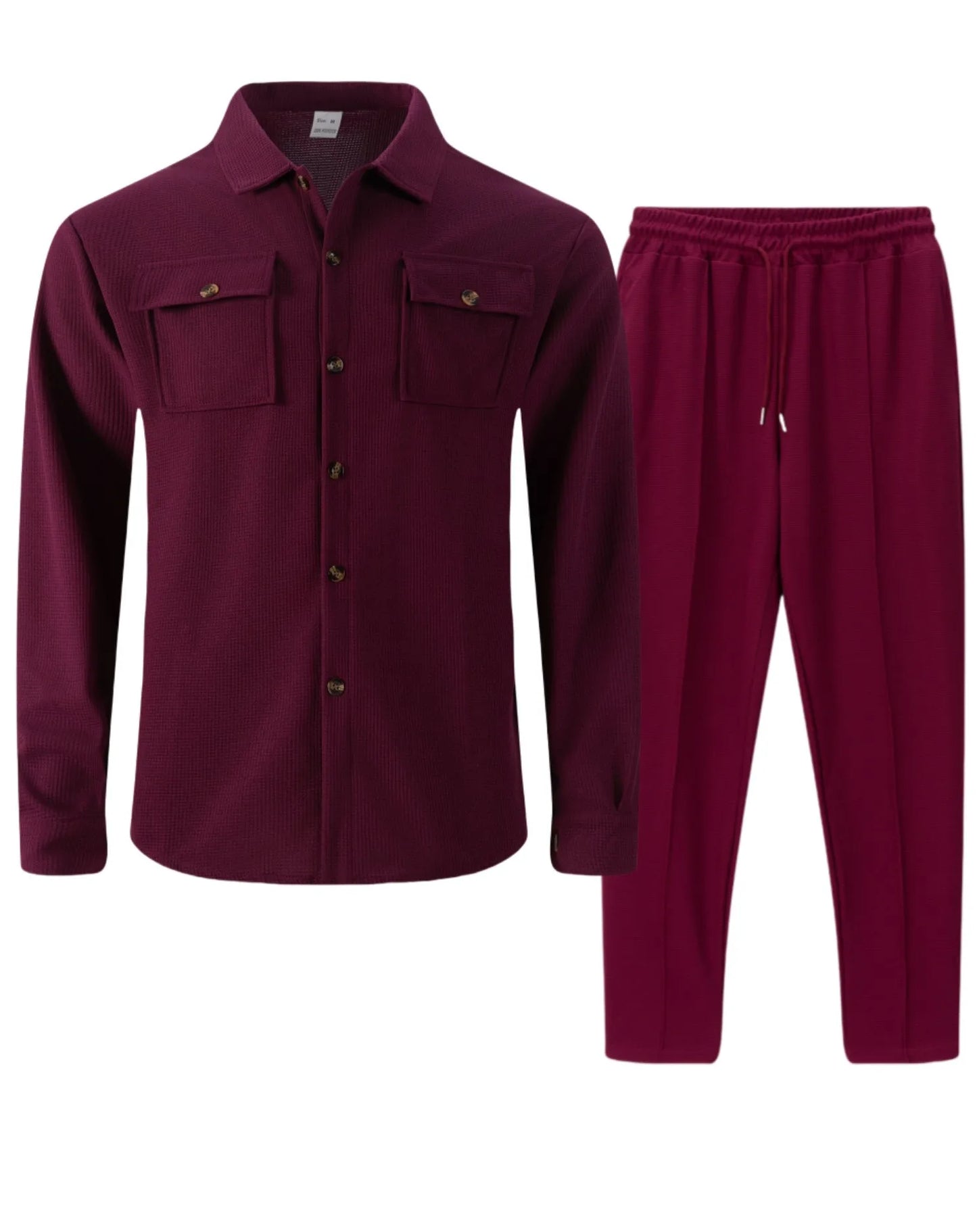 New autumn style waffle long-sleeved solid-color double-pocket buttoned cardigan shirt and pants set.