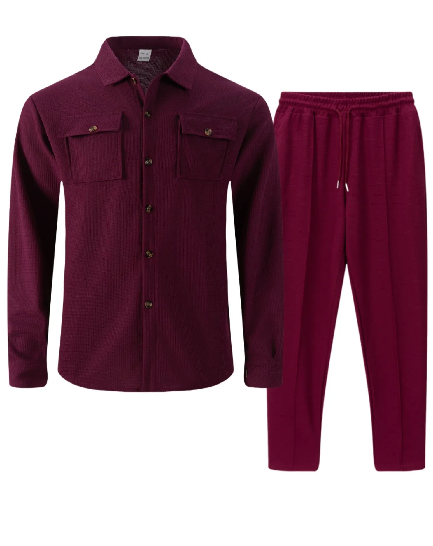 New autumn style waffle long-sleeved solid-color double-pocket buttoned cardigan shirt and pants set.