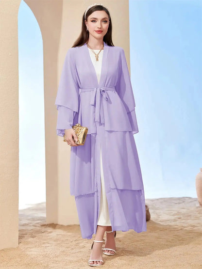 Ramadan kebaya Layered Open Front Abaya, Long Sleeve Dress With Belted , Without Hijab, Women's Clothing.
