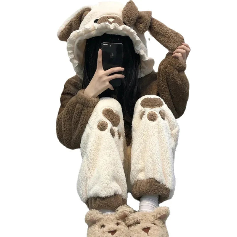 Cute Little Bear Pajamas for Women Thick Warm Fleece Home Wear Set Autumn Nightgown Girls 2025 New Winter Nightclothes 2Pcs.