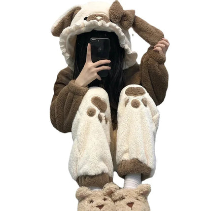 Cute Little Bear Pajamas for Women Thick Warm Fleece Home Wear Set Autumn Nightgown Girls 2025 New Winter Nightclothes 2Pcs.