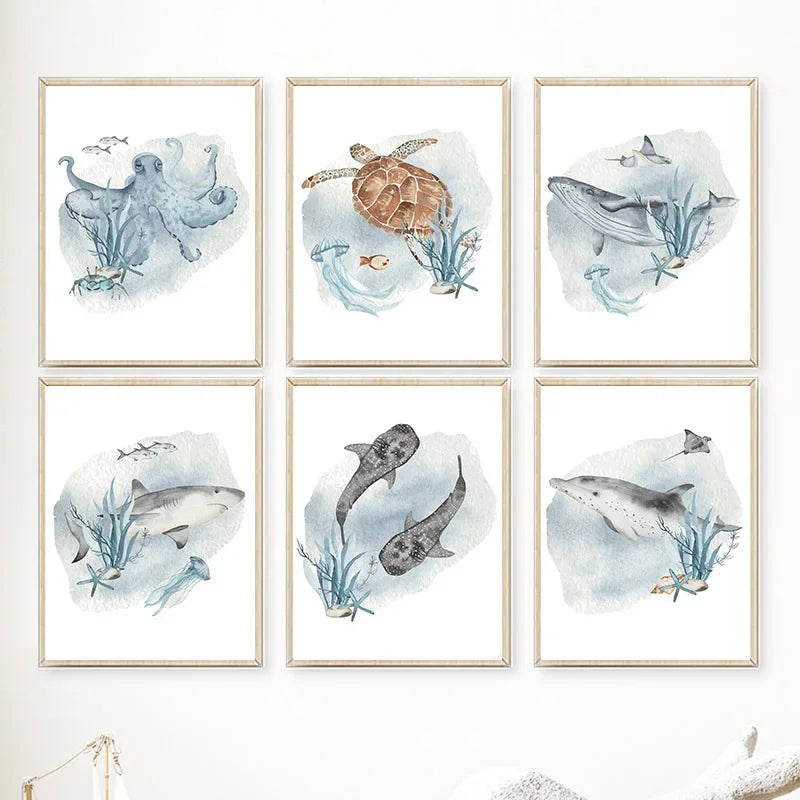 Posters And Prints Whale Fish Shark Octopus Turtle Sea Animals Nursery Wall Art Canvas Painting Pictures Baby Kids Room Decor.