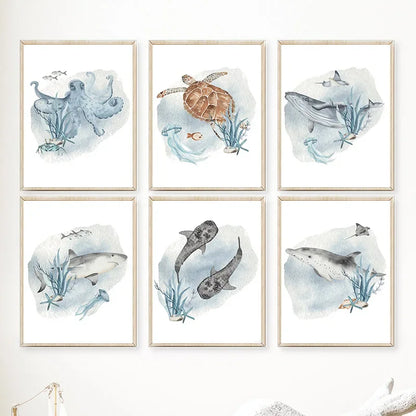 Posters And Prints Whale Fish Shark Octopus Turtle Sea Animals Nursery Wall Art Canvas Painting Pictures Baby Kids Room Decor.