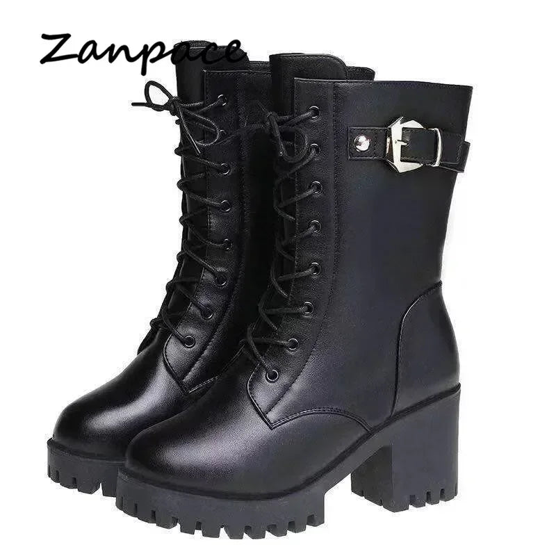 2025 Winter Leather Women Winter Boots Thick Wool Warm Women High-heeled Genuine Boot High-quality Female Snow Boots Women Shoes.