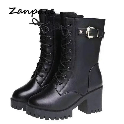 2025 Winter Leather Women Winter Boots Thick Wool Warm Women High-heeled Genuine Boot High-quality Female Snow Boots Women Shoes.