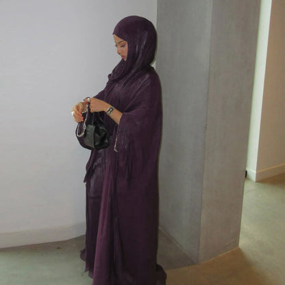 2025 New Abaya Set Shinny Dubai Abaya Cardigan Inner Dress Hijab 3pcs Set Islamic Clothing Women Abaya Muslim Dress.