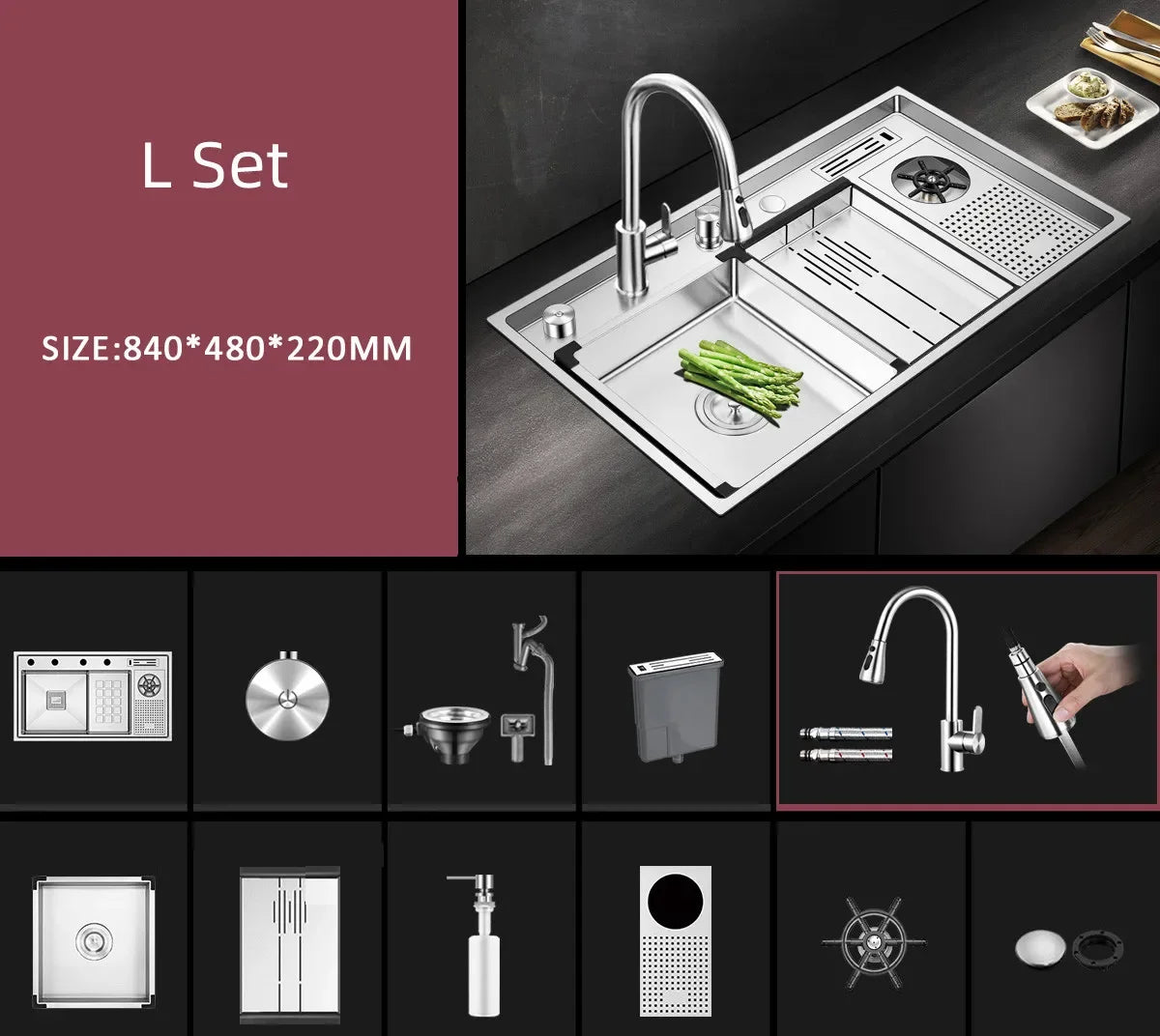 Large Size Nano Meter Cup Rinser Stepped Kitchen Sink 304 Stainless Steel 4mm Thickness Handmade Sinks With Knife Holder