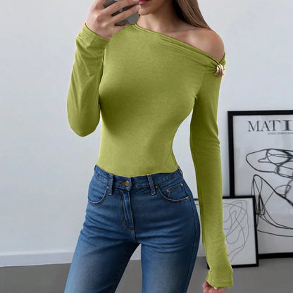 Blifanbo Oblique Shoulder Long Sleeve Tops For Women Metal Buckle Slim Fit Sexy Solid Color Bodycon Fashion BasicTop Streetwear