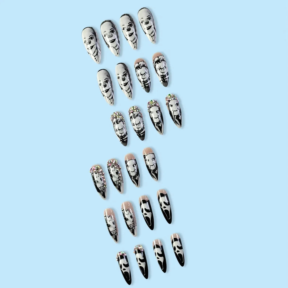 24Pcs Glossy Long Almond Halloween Press On Nails Black And White Horror Style Fake Nails With Rhinestone Reusable False Nails.