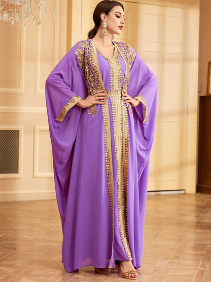 Ramadan Sequins Dubai Abayas Arab Tunics Batwing Sleeve Dresses For Women Gala Two pieces Moroccan Elegant Kebaya.