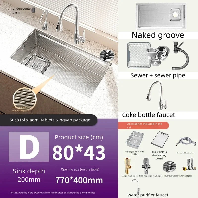 Kitchen Sink 316L Stainless Steel Original Color Large Single Slot Dish Wash Vegetable Basin Multifunctional Undercounter Basin