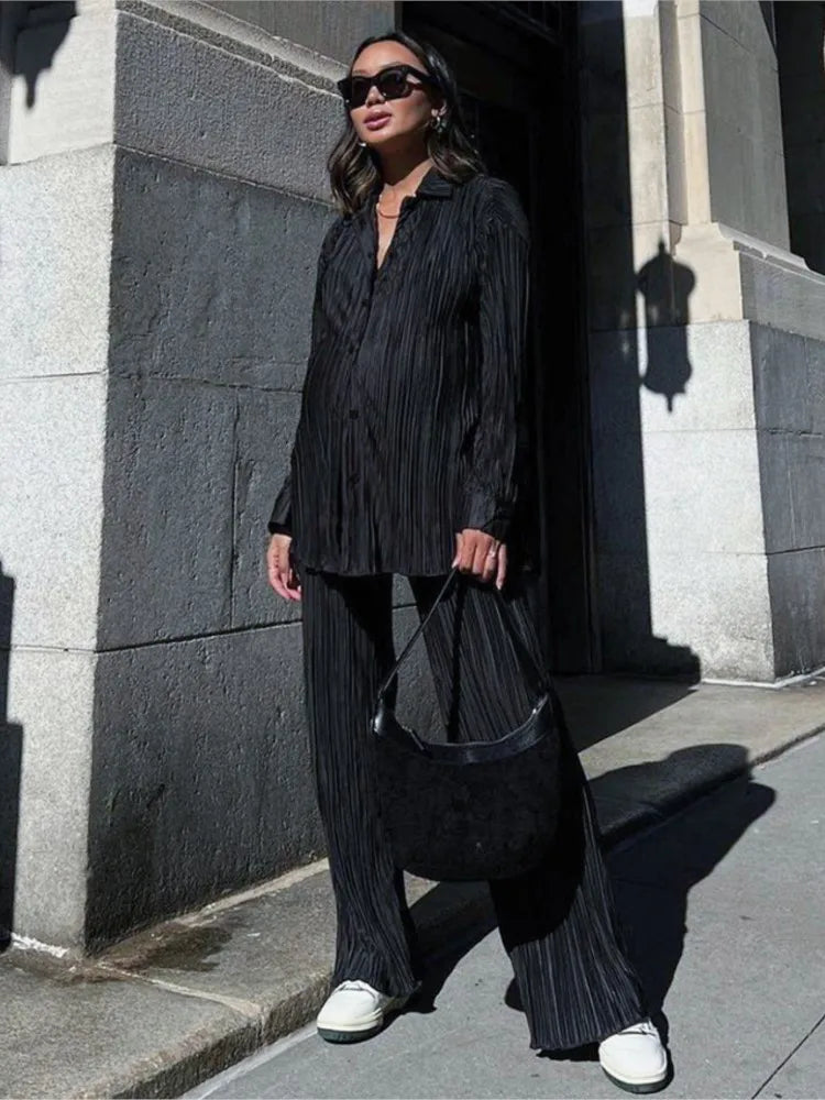 2024 Spring Autumn Women's New Solid Color Button Shirt Long Sleeve Drop Feel Loose Soft Wrinkle Casual Two Piece Set.