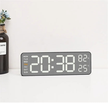 Wanduhr mit Spiegel-Bürsten-Finish, Premium-Gefühl, geräuschlos, Wanduhr, Tischwecker, Temperaturanzeige, Schlafzimmer, Büro, Wohnzimmer, Dekoration