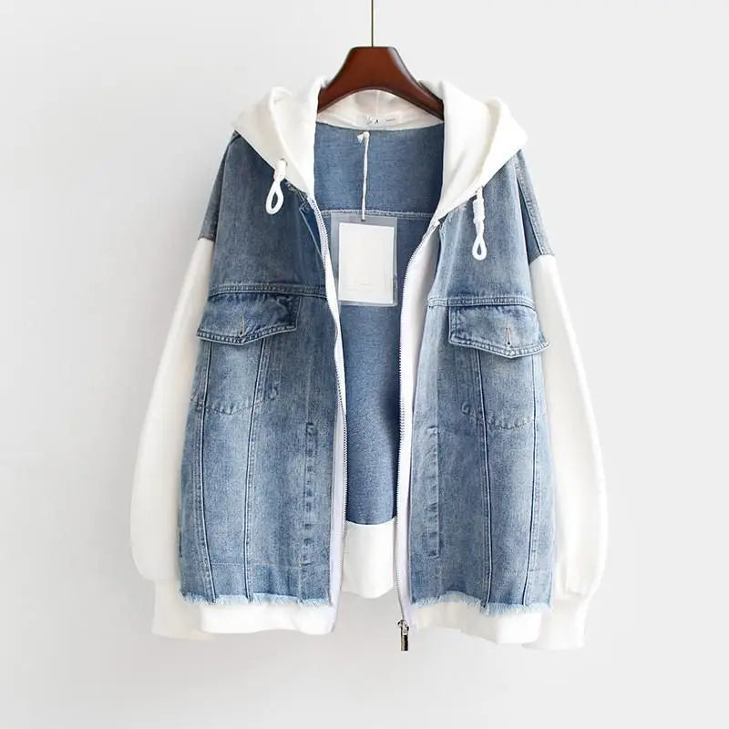 Fake Two-piece Denim Hoodies Coat Women Spring Autumn Trend Cardigan Hoodie Casual Loose Hooded Baseball Jacket Streetwear Woman.