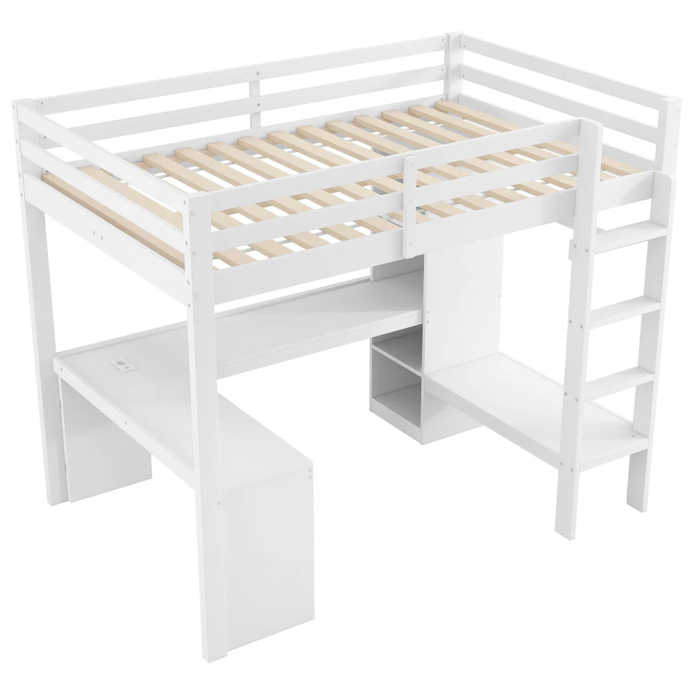 Modernes Kinder-Hochbett 140 x 200 mit Multifunktionsregalen, Unterbett-Schreibtisch, LED-Licht und USB, Kleiderschrank mit Stauraum, für Schlafzimmer