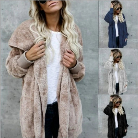 Herbst Winter Doppel Fleece Strickjacke Jacke Frauen Einfarbig Langarm Plüsch Warme Mit Kapuze Dame Jacke Übergroßen Oberbekleidung Mantel