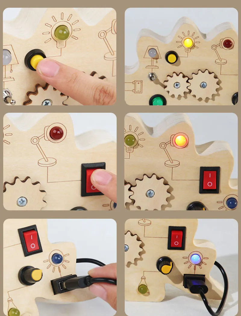 Montessori Busy Board Sensory Toys Wooden With LED Light Switch Control Board Travel Activities Children Games For 2-4 Years Old.