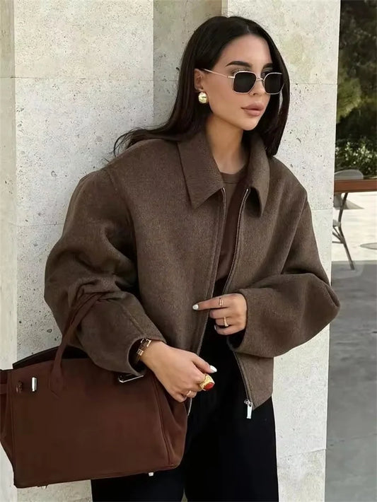 Mode Braun Zipper Woolen Jacke Für Frauen Elegante Revers Langarm Kurze Mäntel Weibliche Vintage Herbst Dame Straße Oberbekleidung