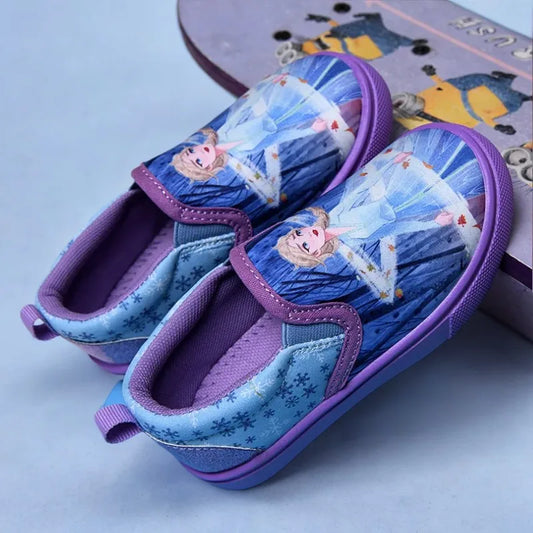Disney Children's Casual Canvas Shoes Cartoon Priness Elsa Pattern Girls' Cartoon Breathable Shoes Student Blue Shoes Size 26-29.