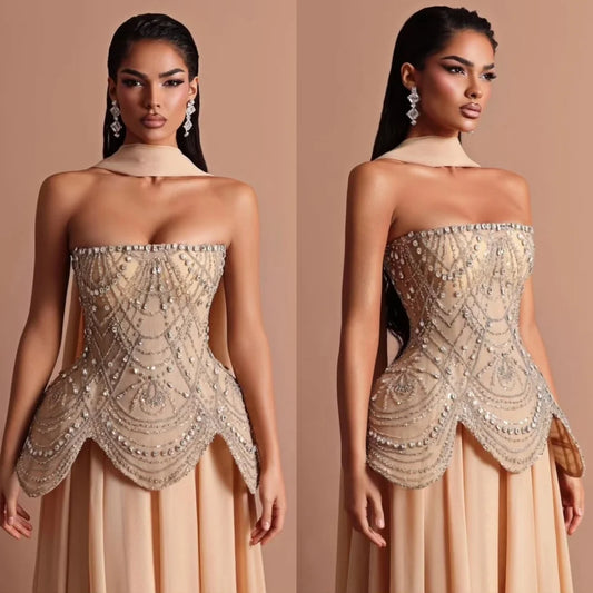 Maßgeschneidertes, modisches, trägerloses, ärmelloses Abendkleid, hochwertige Chiffon-Abschlussballkleider, zarte Kristalle, Kleider für besondere Anlässe