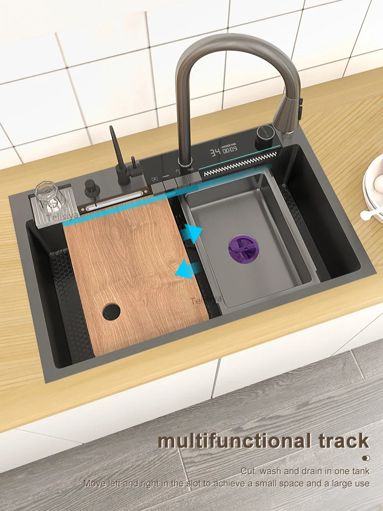 Various Waterfall kitchen Sink  Stainless Steel Multifunctional Large Single Slot Digital Display Sinks